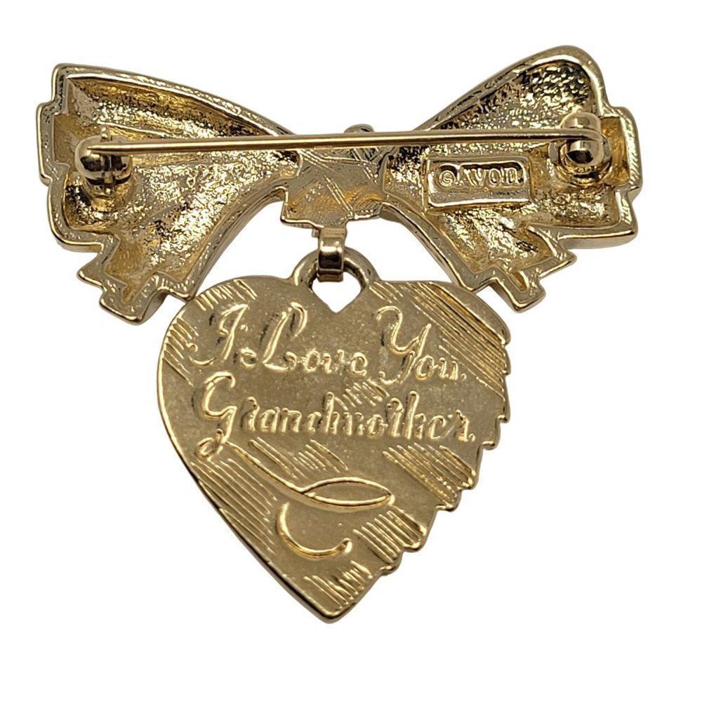 Vintage Avon Signed Bow Heart Brooch Pin Gold Tone "I Love You Grandmother" Gift